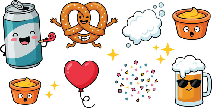 Cute Kawaii Party Food and Drink Sticker Collection with Beer, Pretzel, Snacks, Heart Balloon, and Fun Cartoon Elements