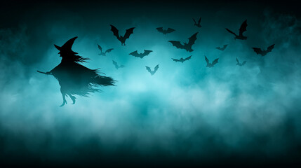 Obraz premium A dark mysterious witch flies through a thick mystical fog on her broomstick leading a chaotic swarm of bats across a chilling moonlit night sky