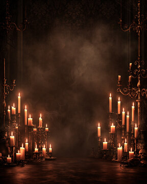 A dark moody scene filled with numerous flickering candles casting a warm atmospheric glow against a mysterious smoke-filled background within an ancient gothic setting