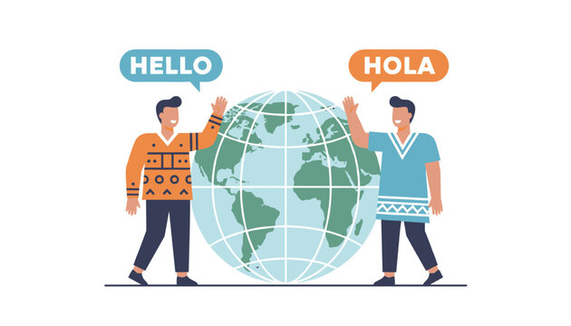 Two diverse men wave to each other from opposite sides of the globe with hello and hola speech bubbles, promoting unity.