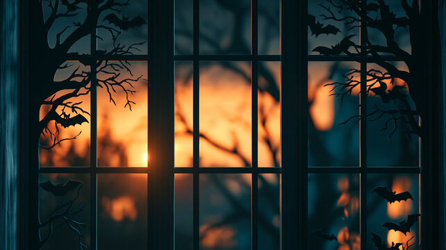 A spooky window view reveals a dark eerie forest at sunset featuring flying winged creatures amidst twisted tree branches against a glowing orange twilight sky