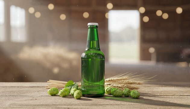 Dark green glass bottle with fresh hops and barley on a rustic farmhouse table