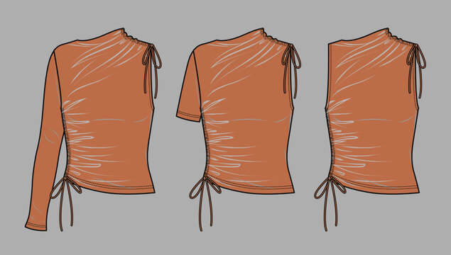 Terracotta Asymmetric Tie Neck Top Fashion Flat Sketch Technical Drawing Vector