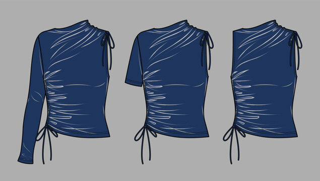 Navy Asymmetric Tie Neck Top Fashion Flat Sketch Technical Drawing Vector