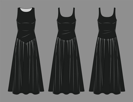 Black Sleeveless Maxi Dress Fashion Flat Sketch Technical Drawing Vector