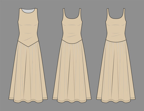 Beige Sleeveless Maxi Dress Fashion Flat Sketch Technical Drawing Vector