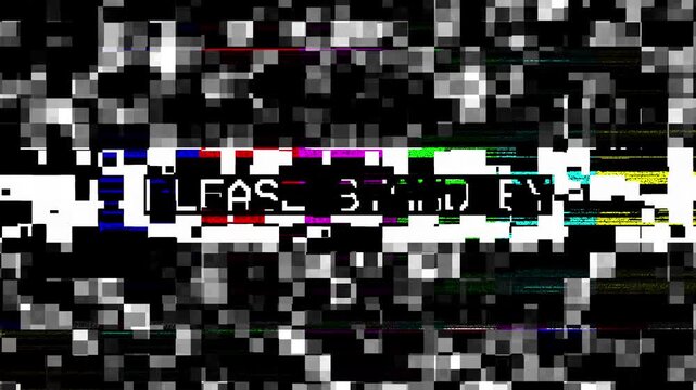 Color bars noise glitch no signal with please stand by text. Monochromatic pixel noise and heavy digital distortion featuring scrambled text and static patterns.