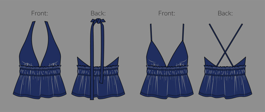 Navy Halter Crop Top Ruffle Peplum Fashion Flat Sketch Technical Drawing Vector