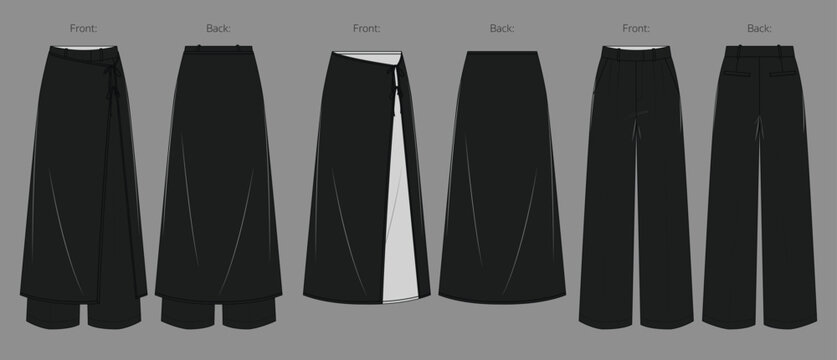 Black Wrap Midi Skirt Wide Leg Pants Fashion Flat Sketch Technical Drawing Vector
