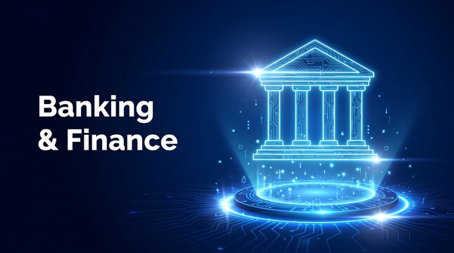 Digital banking and finance concept with a glowing holographic bank building icon on a dark blue technological background