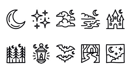 Fototapeta premium Spooky Night and Haunted Landscape Outline Icons Set