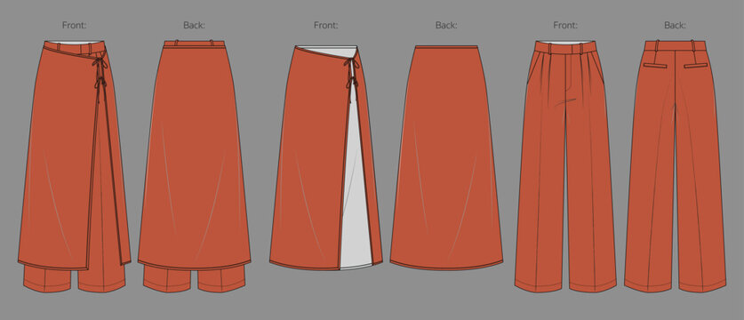 Terracotta Wrap Midi Skirt Wide Leg Pants Fashion Flat Sketch Technical Drawing Vector