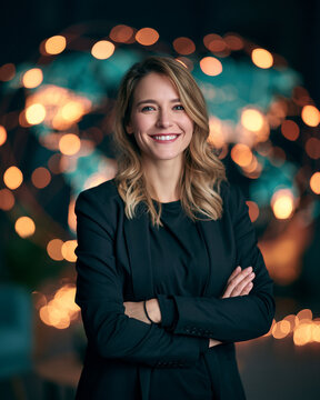A smiling woman with blonde hair wearing a black blazer stands with arms crossed against a blurred background of glowing golden bokeh lights