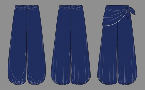 Navy Wide Leg Palazzo Sarong Pants Fashion Flat Sketch Technical Drawing Vector