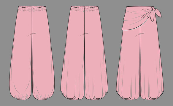 Pink Wide Leg Palazzo Sarong Pants Fashion Flat Sketch Technical Drawing Vector