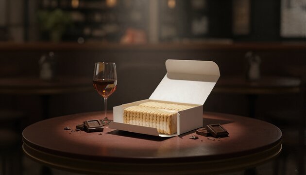 Elegant biscuit box on a dark wood table with dessert wine