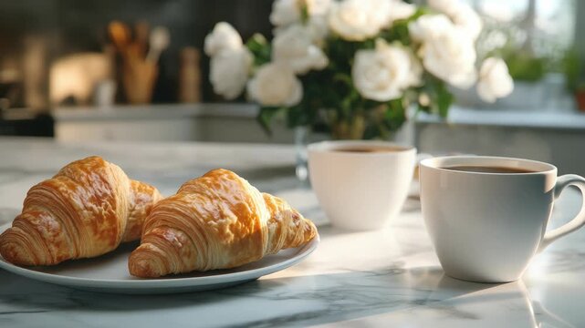Warm morning scene featuring croissants on a plate and a cup of coffee set on a marble table next to flowers in a vase.