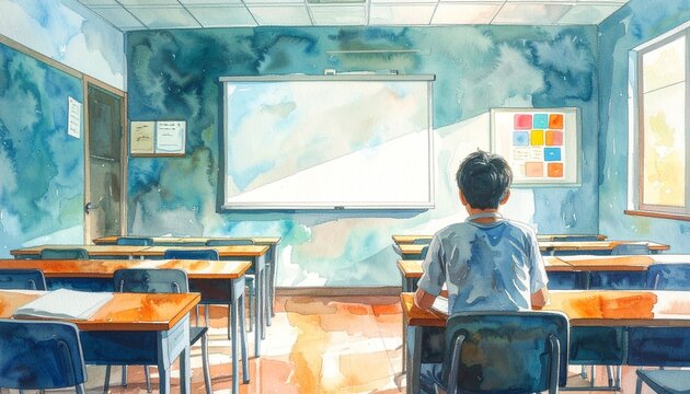 Empty classroom with student facing whiteboard and colorful posters.