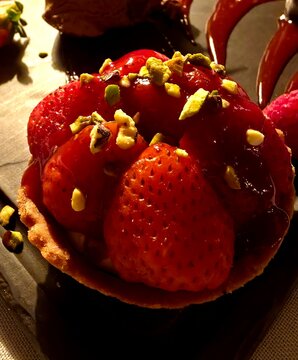 Close-up of strawberry tart, pastry and gourmet desserts