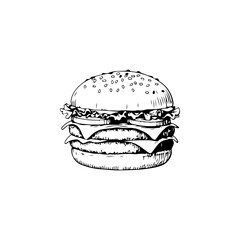 Fototapeta premium Hand drawn delicious burger sketch with cheese and meat cutlet. Design element for logo label emblem sign. Vector illustration. Perfect for restaurant fast food menu.