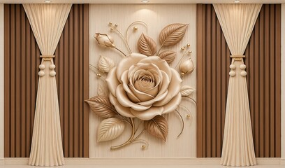 Fototapeta premium Elegant Beige 3D Rose Wall Mural with Vertical Wooden Slat Panels