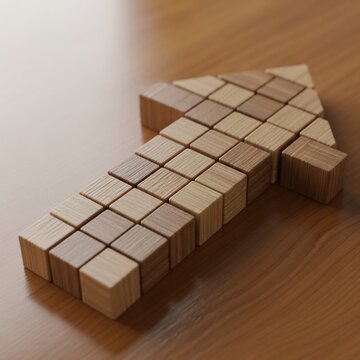 Ascending Ascent: Wooden Cubes Form an Arrow in Warm Afternoon Light