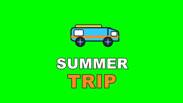 4K green screen SUMMER TRIP animated text - a camper van with a surfboard, kinetic typography travel and vacation overlay for reels vlogs and social media, chroma key