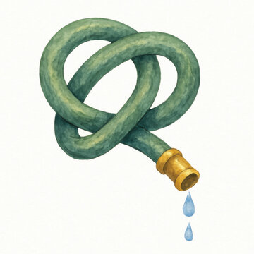 Watercolor illustration of single green rubber hose clipart twisted in knot with dripping water. concept of plumbing maintenance problem, isolated on white background