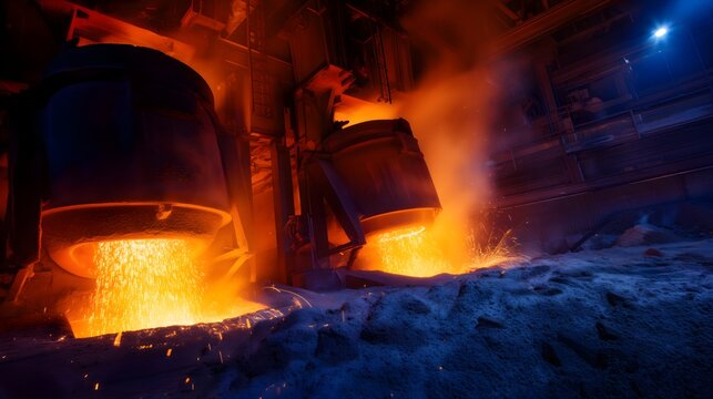 Molten basalt and slag in industrial furnace with intense orange glow for heavy industry production