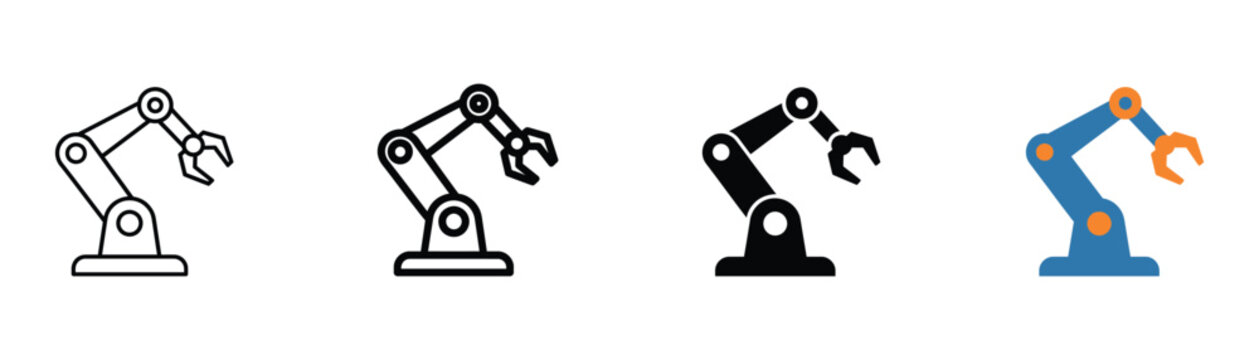 Modern vector icon of an industrial robotic arm and automation robot for manufacturing, smart factory and engineering design projects in UI UX applications.