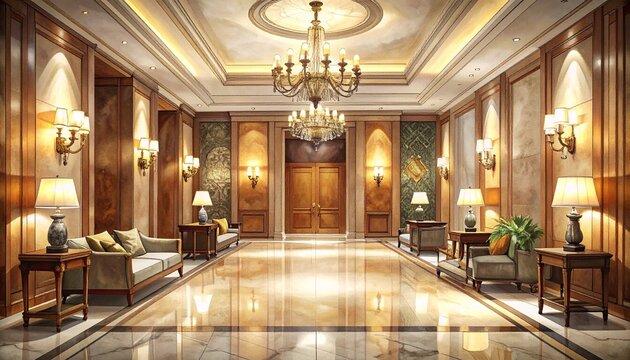 Luxurious Hotel Lobby with Elegant Furniture and Chandeliers.