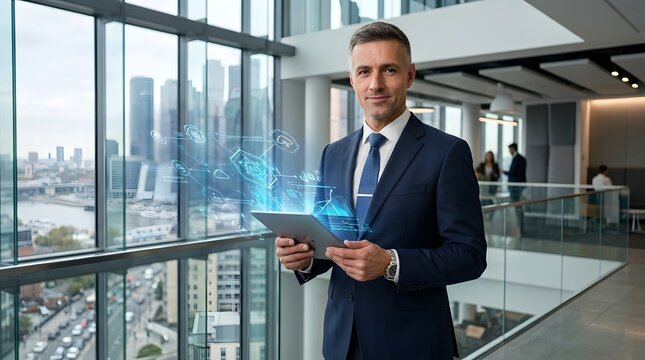 Confident businessman using digital tablet with futuristic holographic interface in modern office overlooking city skyline