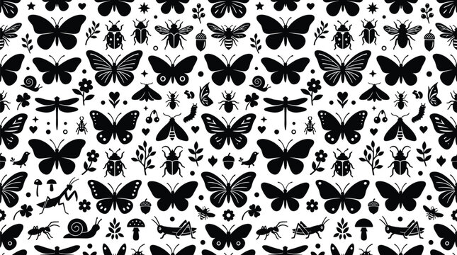 Whimsical garden butterflies and tiny insects seamless pattern vector background with ladybugs, dragonflies, bees, and botanical elements.