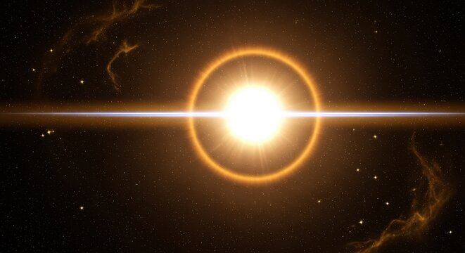 Bright Glowing Star with Golden Halo and Lens Flare in Deep Space Nebula Background Illustration