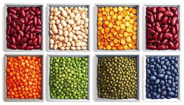Colorful assortment of dried legumes and beans in neat rows.