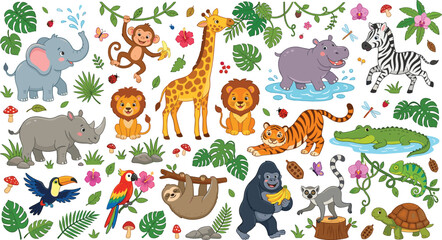 Fototapeta premium Cute Tropical Jungle Animals Vector Character Set with Friendly Rainforest Wildlife and Exotic Botanical Monstera Leaves for Kids Nursery Graphic Designs