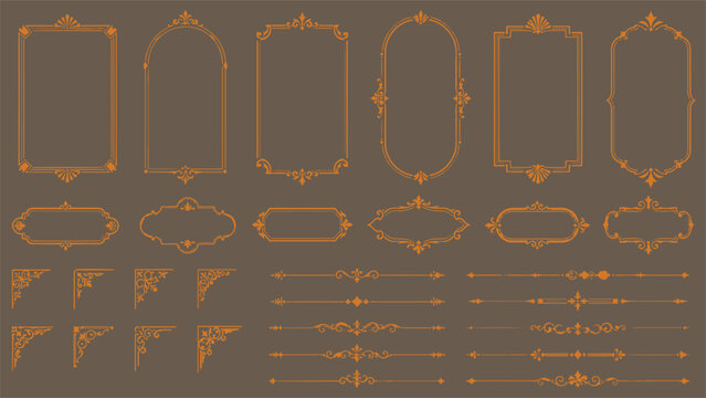 Luxury gold vintage ornamental frames and decorative dividers set, elegant baroque borders, corner flourishes and filigree elements isolated on black background, perfect for invitations, branding, cer