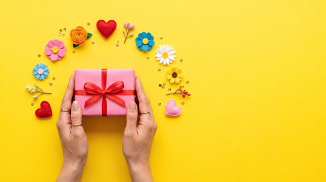 Hands holding a pink gift box with colorful decorative items for a happy teachers day celebration concept