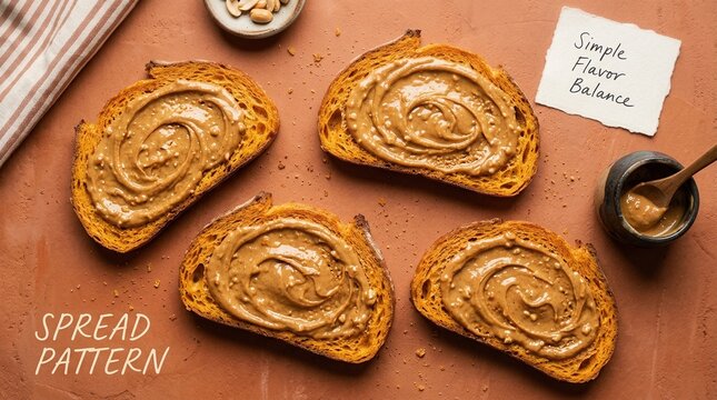 Nutritious toasted bread topped with creamy peanut butter swirls arranged on a warm orange background with peanuts and simple notes, perfect for healthy breakfast and snacking advertisements. Healthy.