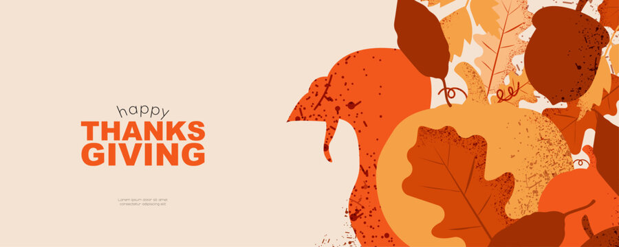 Happy Thanksgiving banner. Modern autumn background with leaves, acorn, pumpkin, and turkey.	