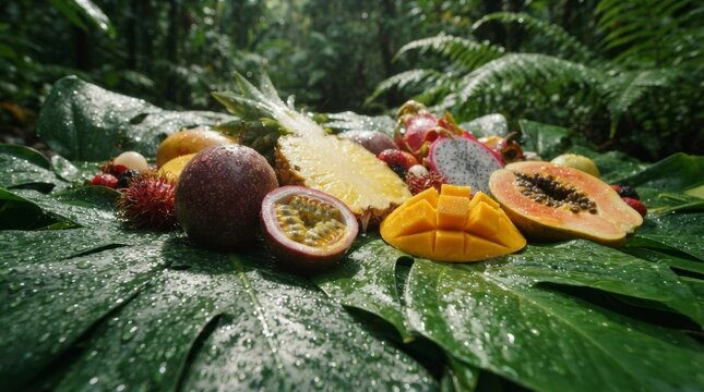 Tropical fruits pineapple papaya mango passionfruit dragonfruit on wet jungle leaves