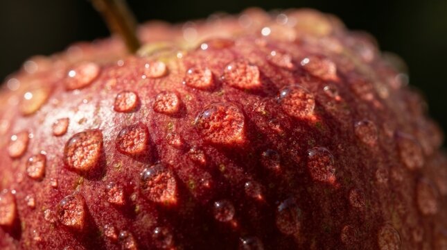 Closeup of dewy red apple skin showing fine texture and water beads