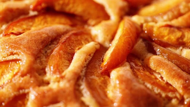 Homemade apricot pie rotating in macro close-up from a low angle, highlighting caramelized fruit slices and golden pastry texture