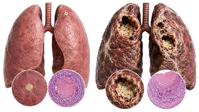 Latent Tuberculosis vs Active Tuberculosis Lung Anatomy with Caseous Necrosis Medical Illustration