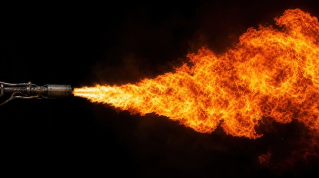 A close-up image of a flamethrower emitting a large, intense burst of bright orange fire against a dark background.