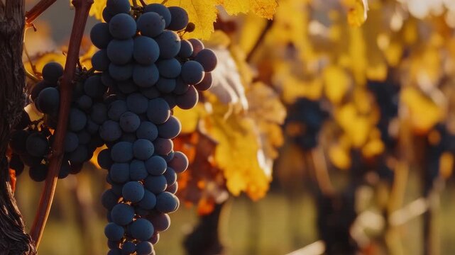 Luscious purple grape clusters hanging from a vine during sunset with warm sunlight highlighting the leaves and fruit.