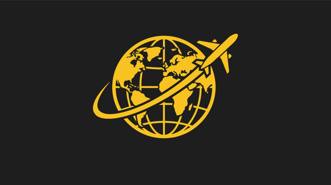 Stylized golden yellow airplane circling a globe a minimalist flat vector icon symbolizing international travel global logistics and worldwide business