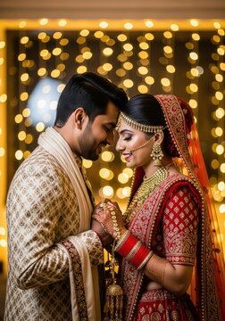 Romantic Indian Newlywed Couple in Traditional Wedding Attire Sharing an Intimate Moment Against Golden Bokeh Lights