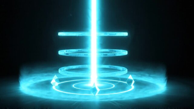 Futuristic glowing blue light beam and rings activation animation