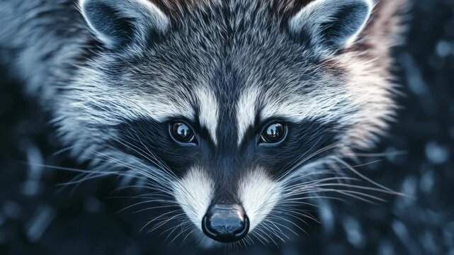 Close-up of raccoon with blue and white eyes looking at camera
